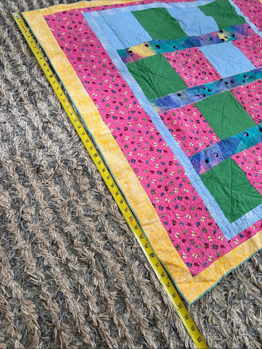 Handmade Colorful Patchwork Baby Quilt - Pink, Green, Light Blue, Yellow - Picture 3 of 6